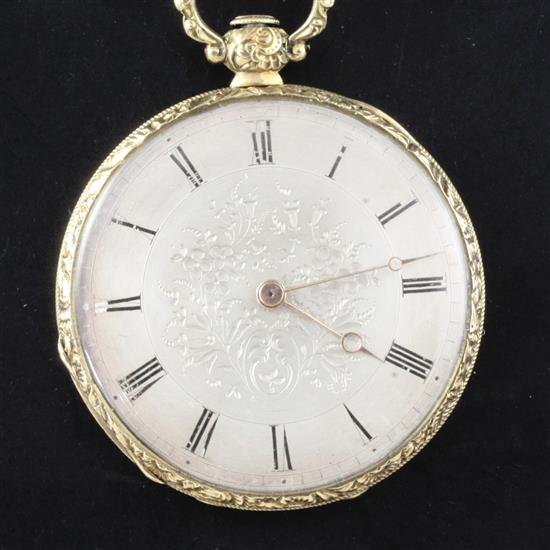 An early 20th century continental engraved gold dress pocket watch and an ornate 9ct albertina chain,